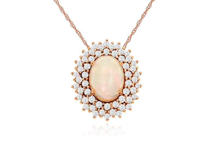 14K Rose Gold Vintage-Inspired Oval 0.90ct Opal Pendant with Layered Diamond Halo. Bichsel Jewelry in Sedalia, MO. Shop online or in-store today! 