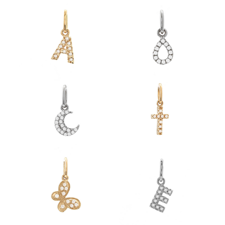 14K White or Yellow Gold Petite Micro Pavé Diamond Charms. Styles: Letter Initials, Moon, Cross, Butterfly, Heart, & more. Permanent Bracelet Charms.