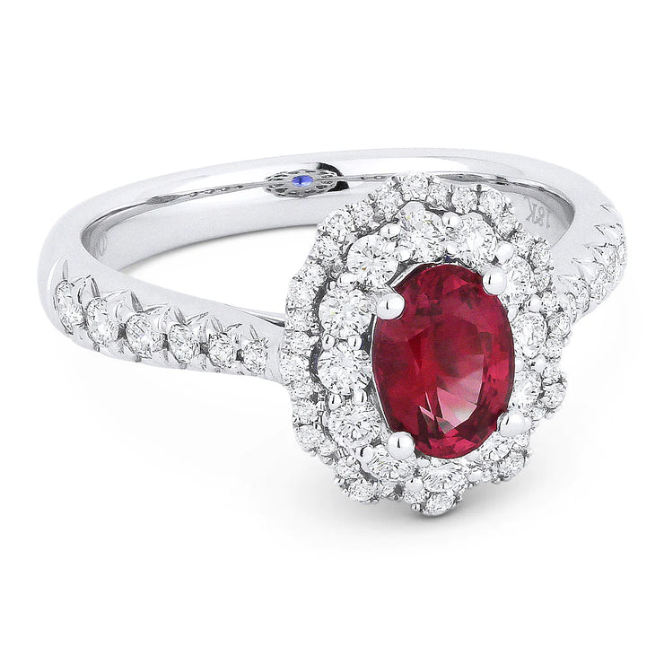 14K White Gold 0.98ct Oval Ruby Ring with Scalloped Double Diamond Halo & Side Diamonds. Bichsel Jewelry in Sedalia, MO. Shop ring styles online or in-store today!