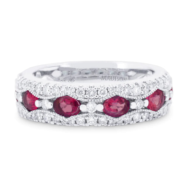 14K White Gold Vintage-Inspired Oval 1.61ct Ruby & Round 0.47ct Diamond Ring. Bichsel Jewelry in Sedalia, MO. Shop gemstone ring styles online or in-store today!