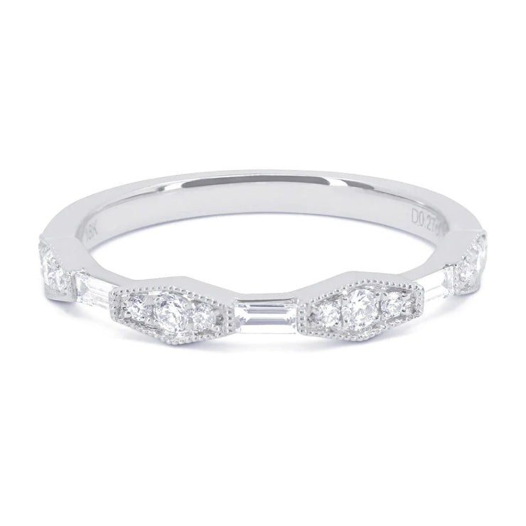 14K White Gold 0.28ct Round & Baguette Stackable Diamond Ring with Milgrain Details. Bichsel Jewelry in Sedalia, MO. Shop styles online or in-store today!