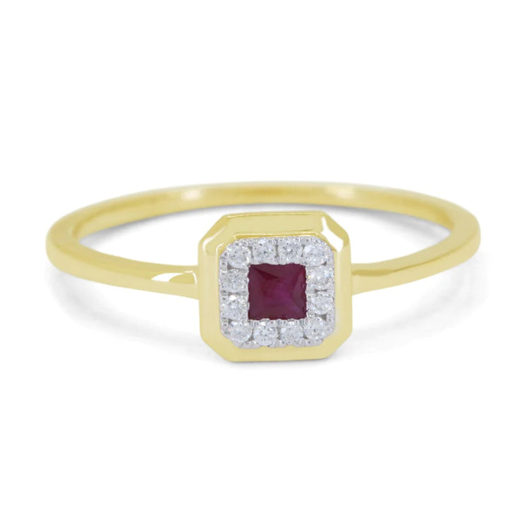 14K Yellow Gold 0.13ct Princess Cut Ruby & 0.06ct Diamond Halo Ring. Bichsel Jewelry in Sedalia, MO. Shop stackable ring styles online or in-store today!