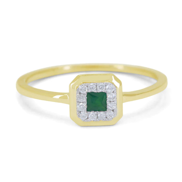 14K Yellow Gold Princess Cut 0.10ct Emerald & 0.06ct Diamond Halo Square Ring. Bichsel Jewelry in Sedalia, MO. Shop stackable ring styles online or in-store today!