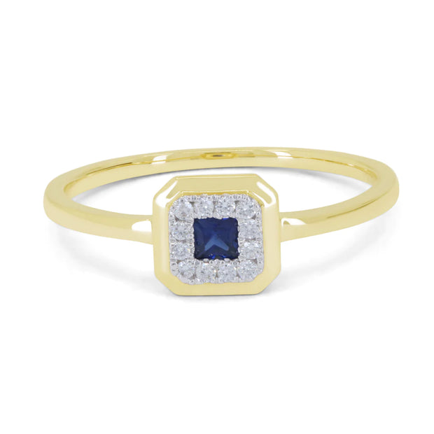 14K Yellow Gold Square 0.12ct Princess Cut Sapphire & 0.06ct Diamond Halo Ring. Bichsel Jewelry in Sedalia, MO. Shop stackable ring styles online or in-store today!