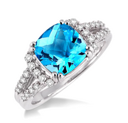 14K White Gold Cushion Cut Blue Topaz & Diamond Split Shank Ring. Bichsel Jewelry in Sedalia, MO. Shop gemstone styles online or in-store today!