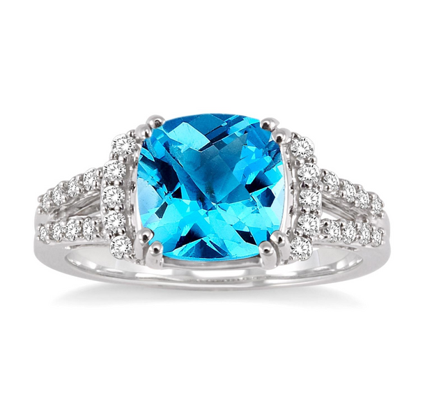 14K White Gold Cushion Cut Blue Topaz & Diamond Split Shank Ring. Bichsel Jewelry in Sedalia, MO. Shop gemstone styles online or in-store today!