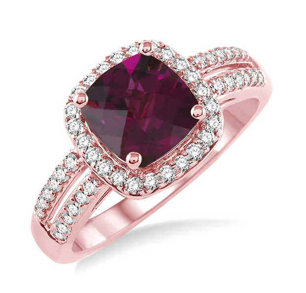 14K Rose Gold Split Shank Cushion Cut Rhodolite Garnet Ring with Round Diamond Halo and Accent Diamonds. Bichsel Jewelry in Sedalia, MO. Shop online or in-store today!