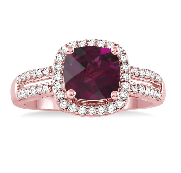 14K Rose Gold Split Shank Cushion Cut Rhodolite Garnet Ring with Round Diamond Halo and Accent Diamonds. Bichsel Jewelry in Sedalia, MO. Shop online or in-store today!