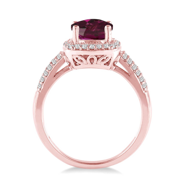 14K Rose Gold Split Shank Cushion Cut Rhodolite Garnet Ring with Round Diamond Halo and Accent Diamonds. Bichsel Jewelry in Sedalia, MO. Shop online or in-store today!