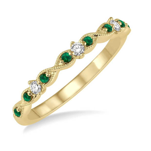 14K Yellow Gold Round 1.25ct Emerald & 0.08ct Diamond Stackable Band. Bichsel Jewelry in Sedalia, MO. Shop ring style online or in-store today!