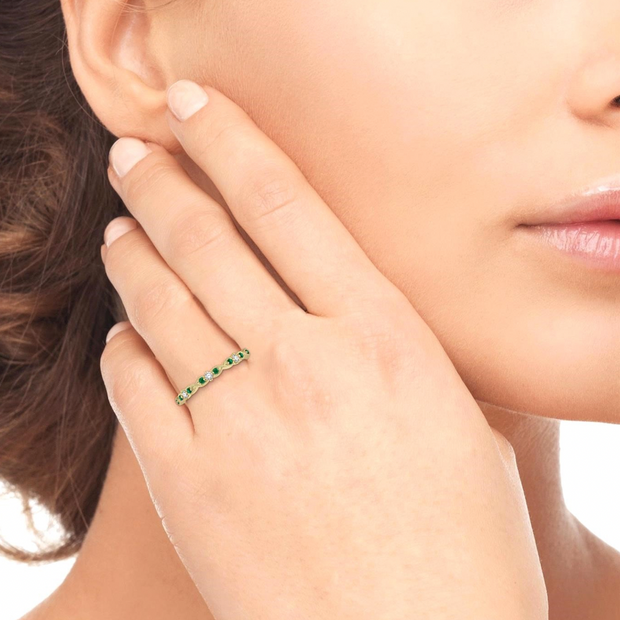 14K Yellow Gold Round 1.25ct Emerald & 0.08ct Diamond Stackable Band. Bichsel Jewelry in Sedalia, MO. Shop ring style online or in-store today!