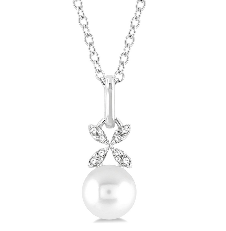 10K White Gold Round Pearl & Diamond Fleur Necklace, Adjustable. Bichsel Jewelry in Sedalia, MO. Shop styles onlines or in-store today!