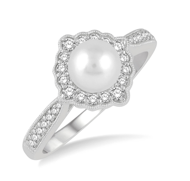 10K White Gold 7x7mm Pearl Ring with 0.25ct Scalloped Diamond Halo & Accent Diamond. Bichsel Jewelry in Sedalia, MO. Shop pearl styles online or in-store today!