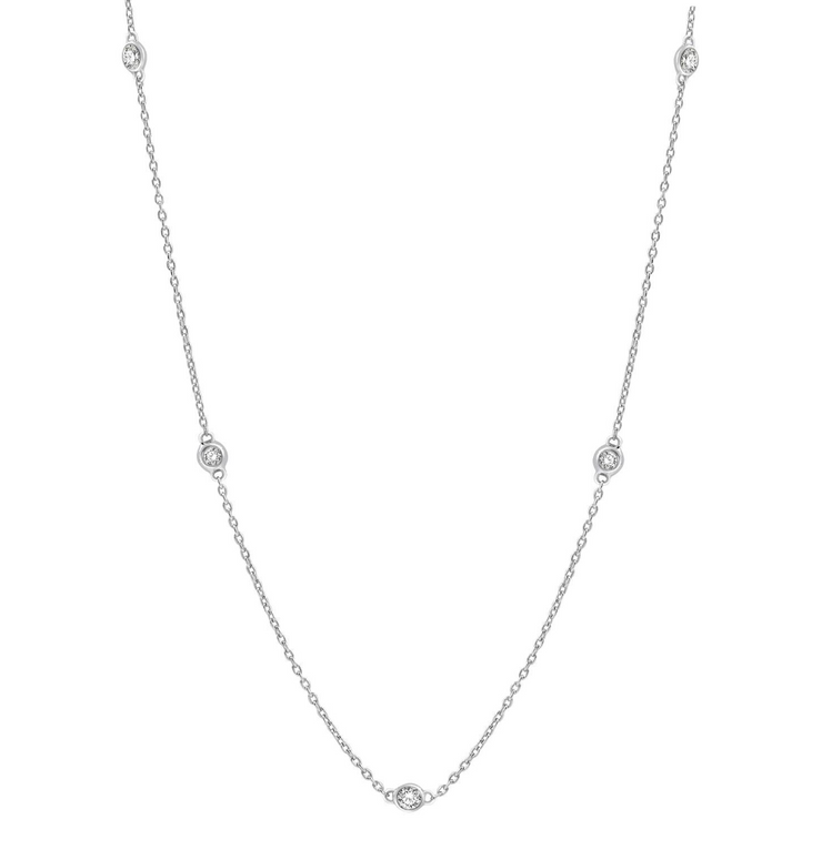 14K White Gold 0.50ct Round Bezel Set Diamond Station Necklace. Bichsel Jewelry in Sedalia, MO. Shop diamond styles online or in-store today!