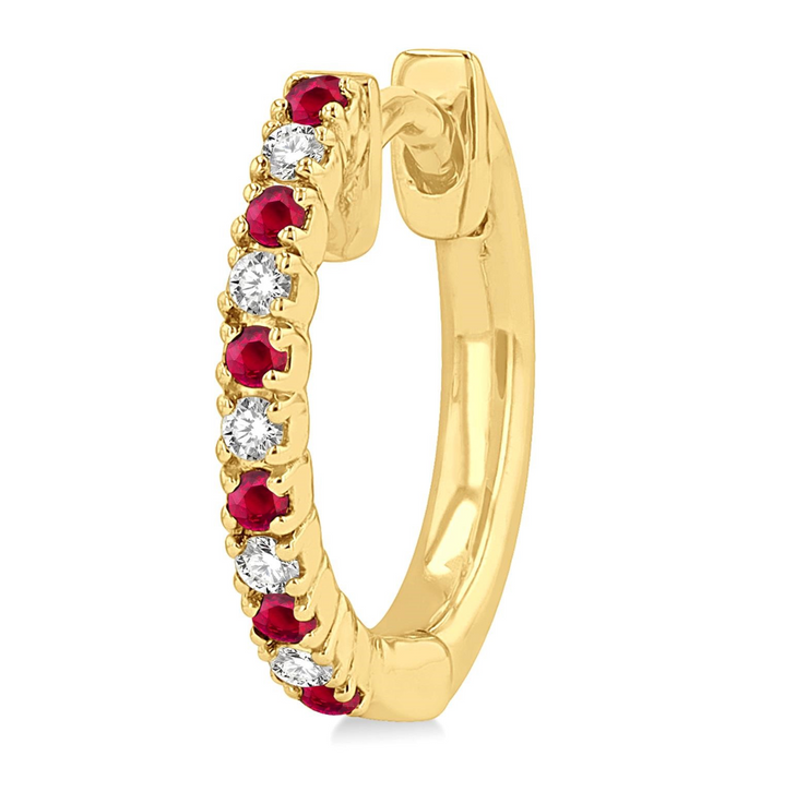 14K Yellow Gold Round Alternating Ruby & Diamond Huggie Hoop Earrings. Bichsel Jewelry in Sedalia, MO. Shop earring styles online or in-store today!