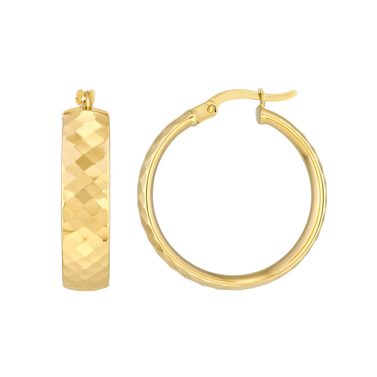 14K Yellow Gold Diamond Cut Faceted Hoop Earrings