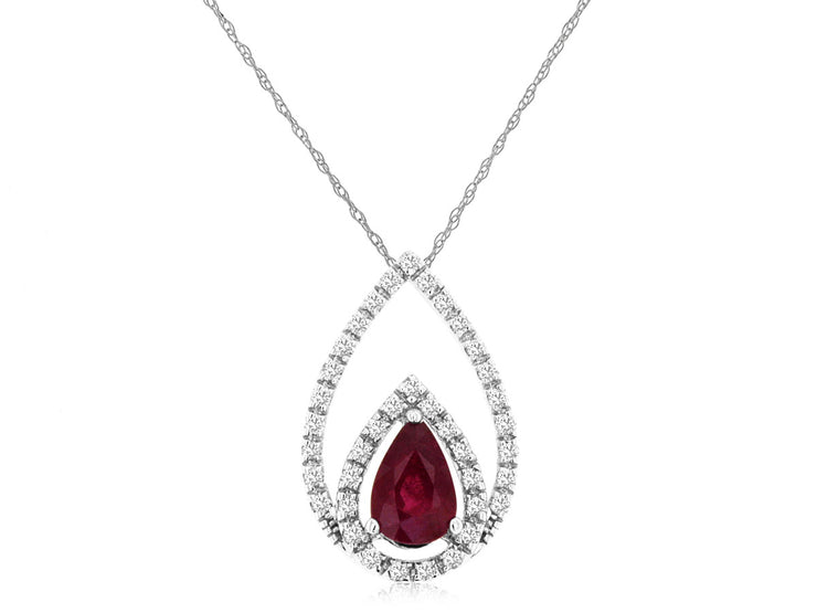 14K White Gold 0.45ct Pear Shape Ruby & Double Diamond Halo Necklace. Bichsel Jewelry in Sedalia, MO. Shop ruby styles online or in-store today! 
