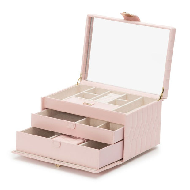 WOLF Caroline Medium Jewelry Storage Case in 'Rose Quartz.' Handmade Leather Case with Gold Hardware and Travel Box. LusterLoc™ Anti-Tarnish Protection. Bichsel Jewelry in Sedalia, MO. Shop online or in-store today!