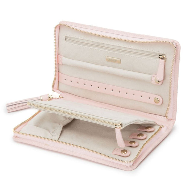 WOLF Caroline Jewelry Travel Portfolio in 'Rose Quartz'. Handcrafted Leather Storage Case with Gold Hardware. LusterLoc™ Anti-Tarnish. Bichsel Jewelry in Sedalia, MO.