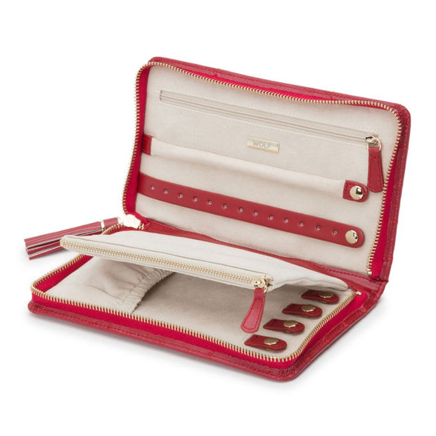 WOLF Caroline Jewelry Travel Portfolio in 'Red'. Handcrafted Leather Storage Case with Gold Hardware. LusterLoc™ Anti-Tarnish. Bichsel Jewelry in Sedalia, MO.