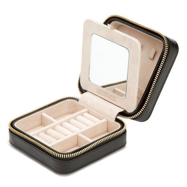 WOLF Caroline Small Jewelry Zip Travel Case in 'Black'. Handcrafted Leather Storage Box with Gold Hardware. LusterLoc™ Anti-Tarnish. Bichsel Jewelry in Sedalia, MO. 