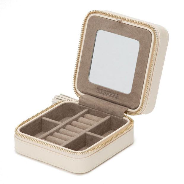 WOLF Caroline Small Jewelry Zip Travel Case in 'Ivory'. Handcrafted Leather Storage Box with Gold Hardware. LusterLoc™ Anti-Tarnish. Bichsel Jewelry in Sedalia, MO. 