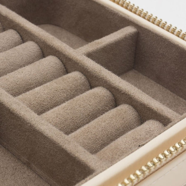 WOLF Caroline Small Jewelry Zip Travel Case in 'Ivory'. Handcrafted Leather Storage Box with Gold Hardware. LusterLoc™ Anti-Tarnish. Bichsel Jewelry in Sedalia, MO. 