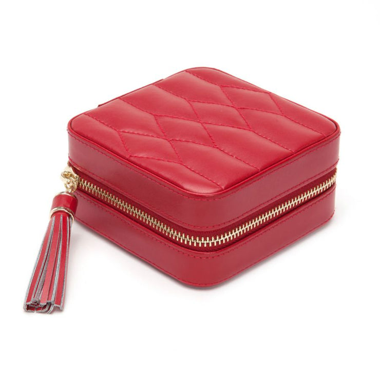 WOLF Caroline Small Jewelry Zip Travel Case in 'Red'. Handcrafted Leather Storage Box with Mirror & Gold Hardware. LusterLoc™ Anti-Tarnish. Bichsel Jewelry in Sedalia, MO. 