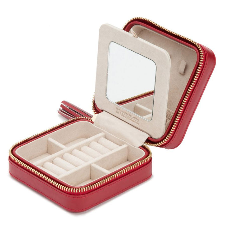 WOLF Caroline Small Jewelry Zip Travel Case in 'Red'. Handcrafted Leather Storage Box with Mirror & Gold Hardware. LusterLoc™ Anti-Tarnish. Bichsel Jewelry in Sedalia, MO. 