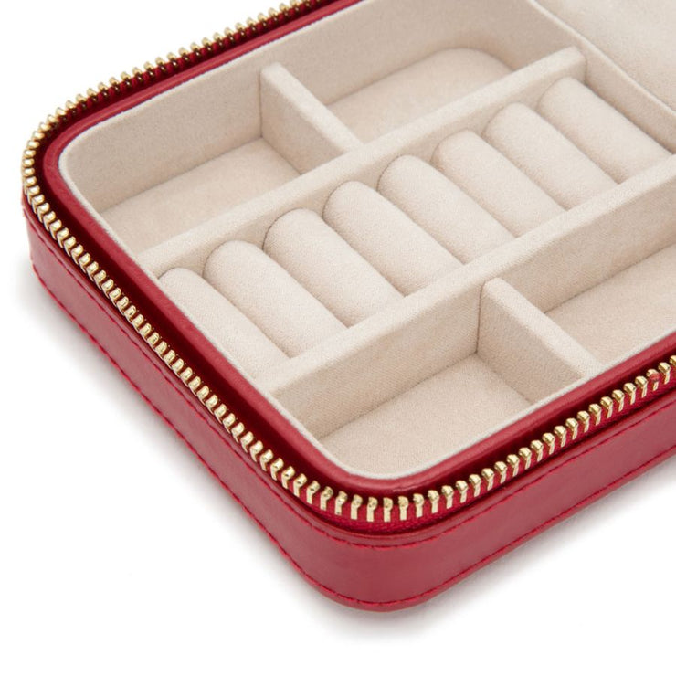 WOLF Caroline Small Jewelry Zip Travel Case in 'Red'. Handcrafted Leather Storage Box with Mirror & Gold Hardware. LusterLoc™ Anti-Tarnish. Bichsel Jewelry in Sedalia, MO. 