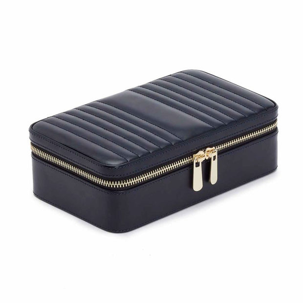 WOLF Maria Medium Jewelry Zip Case in 'Navy'. Travel Storage Box with Gold Hardware & Handcrafted Leather. LusterLoc™ Anti-Tarnish. Bichsel Jewelry in Sedalia, MO.