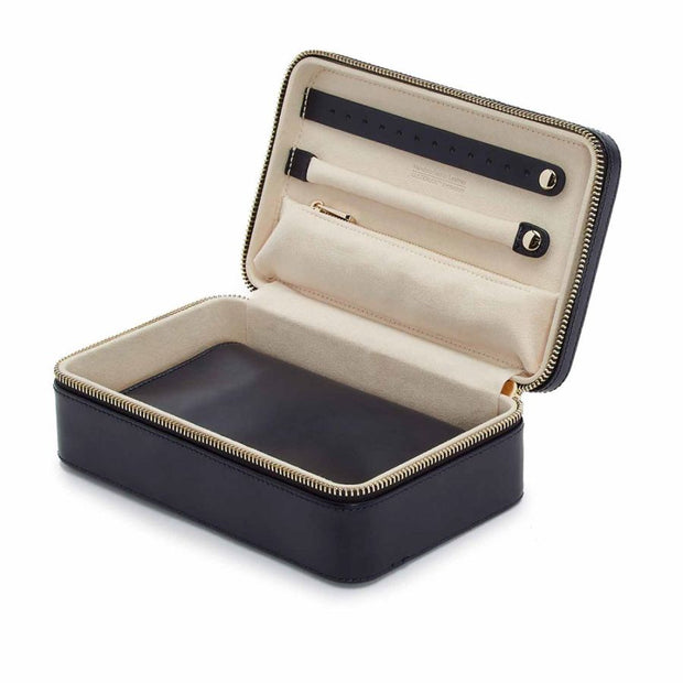 WOLF Maria Medium Jewelry Zip Case in 'Navy'. Travel Storage Box with Gold Hardware & Handcrafted Leather. LusterLoc™ Anti-Tarnish. Bichsel Jewelry in Sedalia, MO.