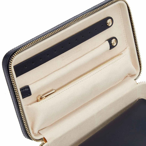 WOLF Maria Medium Jewelry Zip Case in 'Navy'. Travel Storage Box with Gold Hardware & Handcrafted Leather. LusterLoc™ Anti-Tarnish. Bichsel Jewelry in Sedalia, MO.