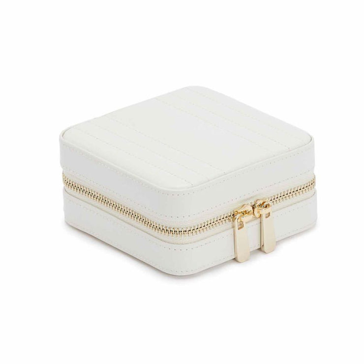 WOLF Maria Small Zip Case in 'White.' Handcrafted Leather. Travel Storage Case with Mirror & Gold Hardware. LusterLoc™ Anti-Tarnish. Bichsel Jewelry Sedalia, MO.