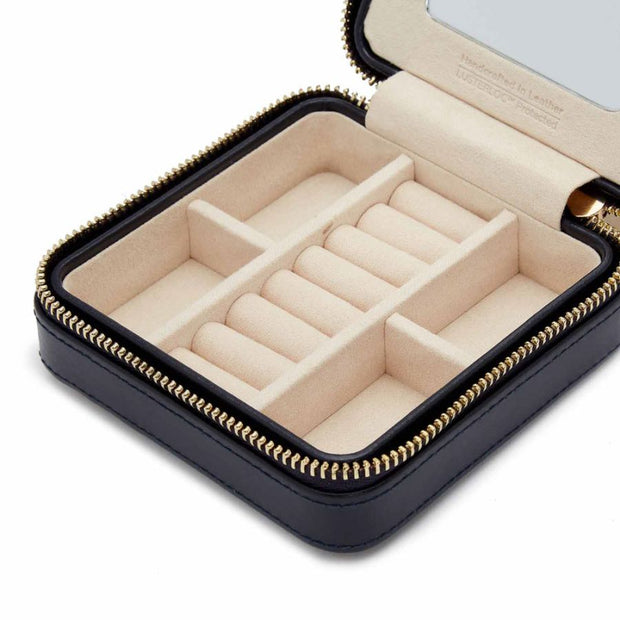 WOLF Maria Small Zip Case in 'Navy'. Travel Storage Case with Mirror & Gold Hardware. LusterLoc™ Anti-Tarnish. Bichsel Jewelry Sedalia, MO. Shop online or in-store today!