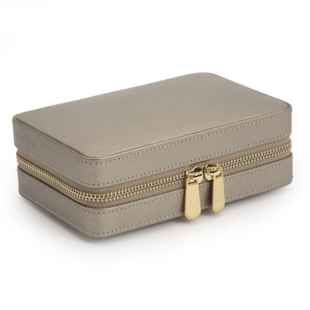 WOLF Palermo Leather Jewelry Zip Travel Case in 'Pewter'. Storage Box with Mirror & Gold Hardware. LusterLoc™ Anti-Tarnish. Bichsel Jewelry in Sedalia, MO.