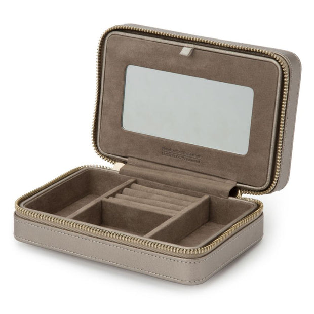 WOLF Palermo Leather Jewelry Zip Travel Case in 'Pewter'. Storage Box with Mirror & Gold Hardware. LusterLoc™ Anti-Tarnish. Bichsel Jewelry in Sedalia, MO.