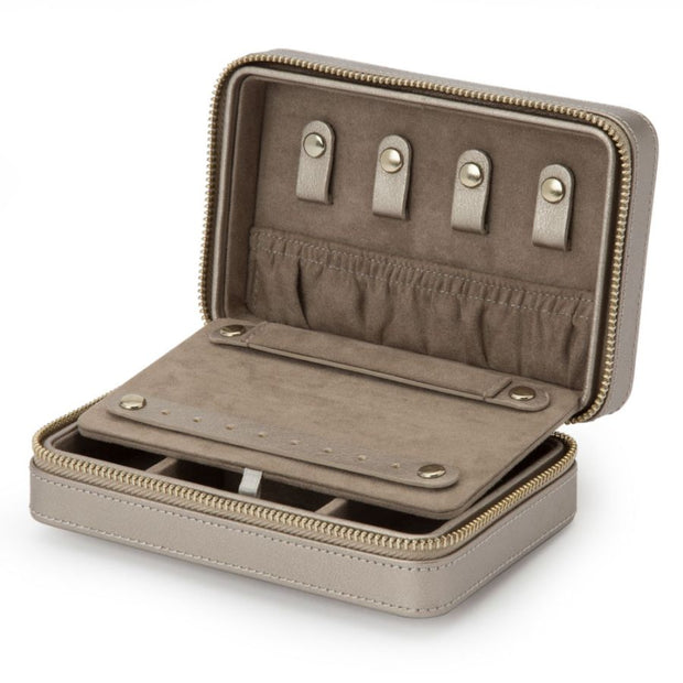 WOLF Palermo Leather Jewelry Zip Travel Case in 'Pewter'. Storage Box with Mirror & Gold Hardware. LusterLoc™ Anti-Tarnish. Bichsel Jewelry in Sedalia, MO.