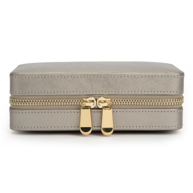WOLF Palermo Leather Jewelry Zip Travel Case in 'Pewter'. Storage Box with Mirror & Gold Hardware. LusterLoc™ Anti-Tarnish. Bichsel Jewelry in Sedalia, MO.