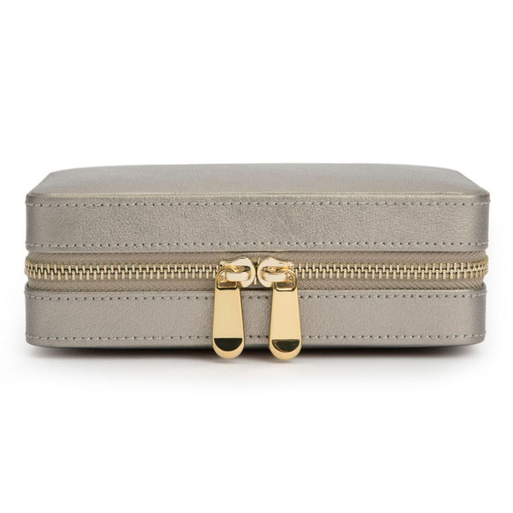 WOLF Palermo Leather Jewelry Zip Travel Case in 'Pewter'. Storage Box with Mirror & Gold Hardware. LusterLoc™ Anti-Tarnish. Bichsel Jewelry in Sedalia, MO.