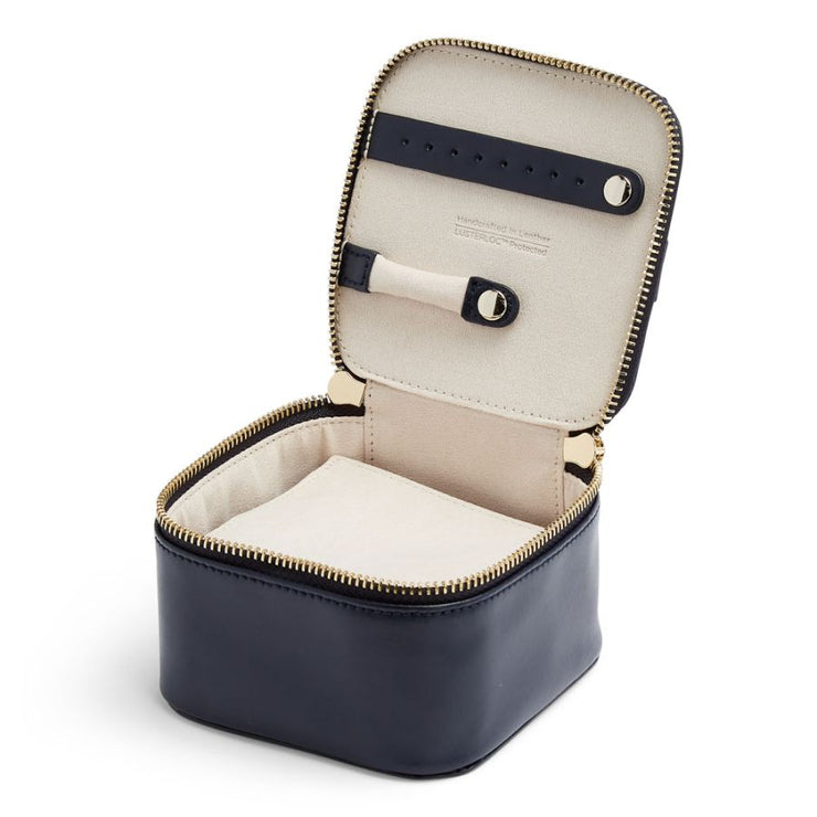 WOLF Maria Lining. Handcrafted Leather Zip Jewelry Cube Storage Travel Case in 'Navy.' LusterLoc™ Anti-Tarnishing Lining. Bichsel Jewelry in Sedalia, MO. Shop online or in-store today!