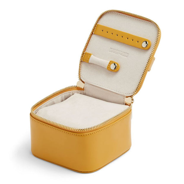 WOLF Maria Lining. Handcrafted Leather Zip Jewelry Cube Storage Travel Case in 'Mustard.' LusterLoc™ Anti-Tarnishing Lining. Bichsel Jewelry in Sedalia, MO. Shop online or in-store today!