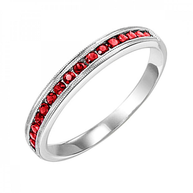 10K White Gold 0.30ct Round Ruby Stackable Band with Milgrain Edge. Bichsel Jewelry in Sedalia, MO. Shop birthstone rings, mother's rings, and gemstone styles.