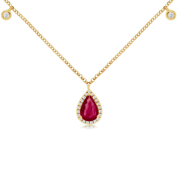 14K Yellow Gold 0.75ct Pear Shape Ruby Pendant with Diamond Halo & Round Diamond Station Dangles. Bichsel Jewelry in Sedalia, MO. Shop online or in-store today! 