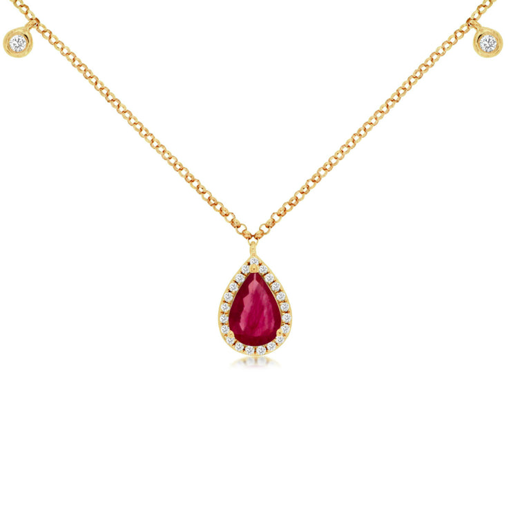 14K Yellow Gold 0.75ct Pear Shape Ruby Pendant with Diamond Halo & Round Diamond Station Dangles. Bichsel Jewelry in Sedalia, MO. Shop online or in-store today! 