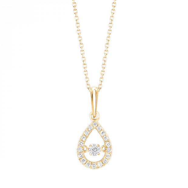 10K Yellow Gold 0.20ct Diamond 'Rhythm of Love' Pear Shape Necklace with Round Moving Center Diamond. Bichsel Jewelry in Sedalia, MO. Shop styles online or in-store today!