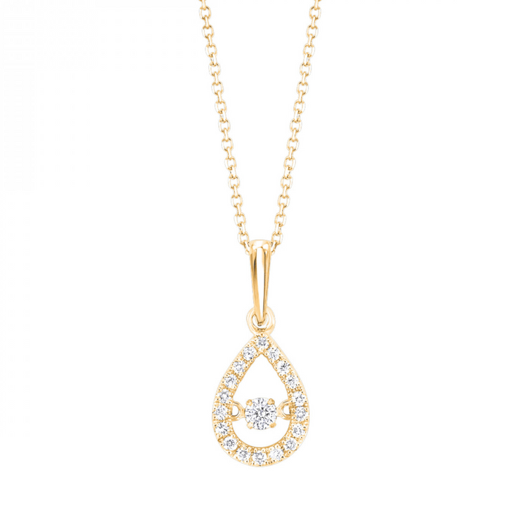 10K Yellow Gold 0.20ct Diamond 'Rhythm of Love' Pear Shape Necklace with Round Moving Center Diamond. Bichsel Jewelry in Sedalia, MO. Shop styles online or in-store today!
