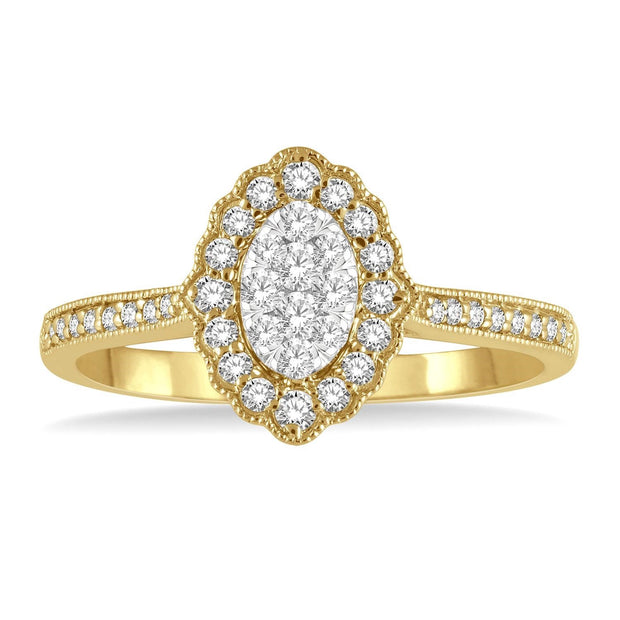 14K Yellow Gold Vintage-Inspired 0.30ct Cluster-Style Oval Lovebright Diamond Ring with Scalloped Halo. Bichsel Jewelry in Sedalia, MO. Free ring sizing. Shop online or in-store today!