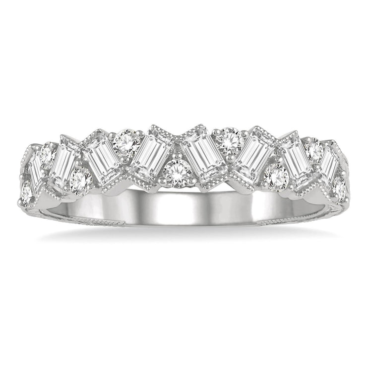 14K White Gold 0.60ct Baguette and Round Diamond Cluster Band with Milgrain Detailing. Bichsel Jewelry in Sedalia, MO. Shop online or in-store today!