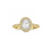 14K Yellow Gold Vintage-Inspired Oval Diamond Engagement Ring with Diamond Halo & Accent Stones. Bichsel Jewelry in Sedalia, MO. Shop online or in-store today!